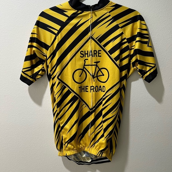 Men’s Large ‘Share the Road’ Yellow and Black Cycling Jersey, EUC, pocket, zip - Picture 2 of 5